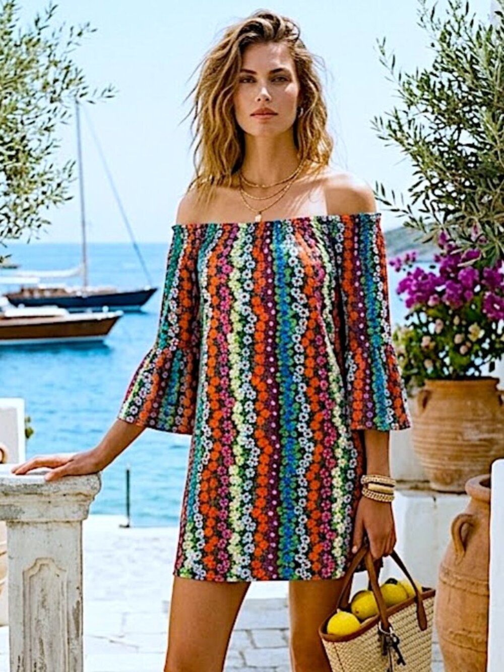 Trina Turk Floral Off The Shoulder Women's Bell Sleeve Swing Dress Size Small
